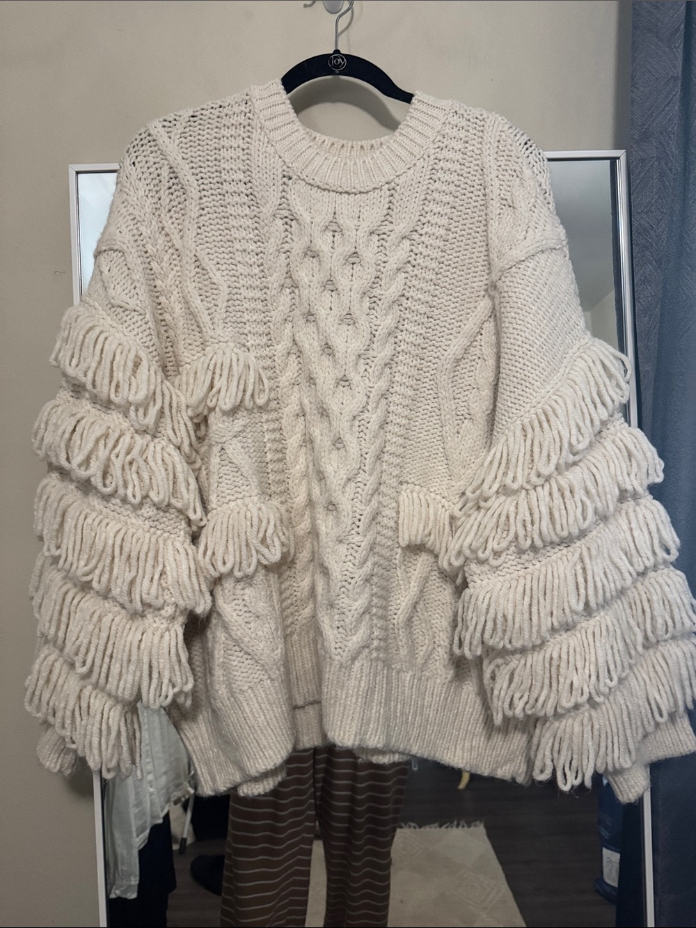 H&M Cream Cable-Knit Sweater with Layered Fringe Sleeves
